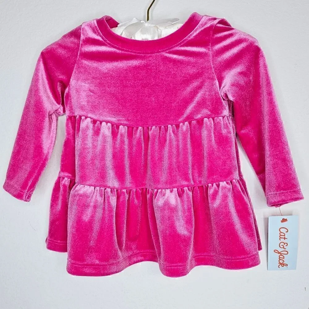 New! Cat & Eye Barbie Pink Velour Velvet Tiered Long Sleeve Baby Girl Dress 12M